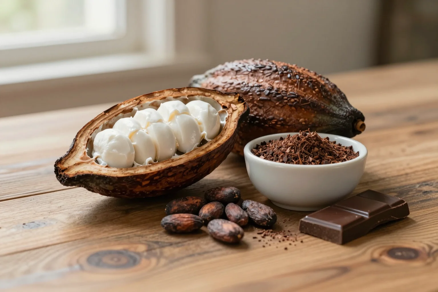 Aufgeschnittene Kakaofrucht mit Kakaobohnen, Kakaonibs und dunkler Schokolade auf einem Holztisch
