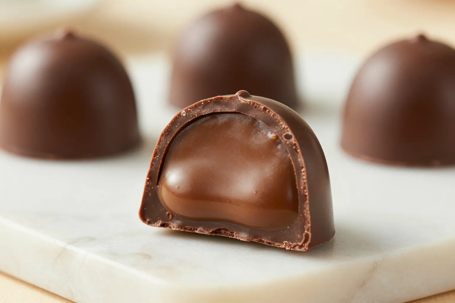 Aufgeschnittene Praline mit cremiger Ganachefüllung in dünner Schokoladehülle