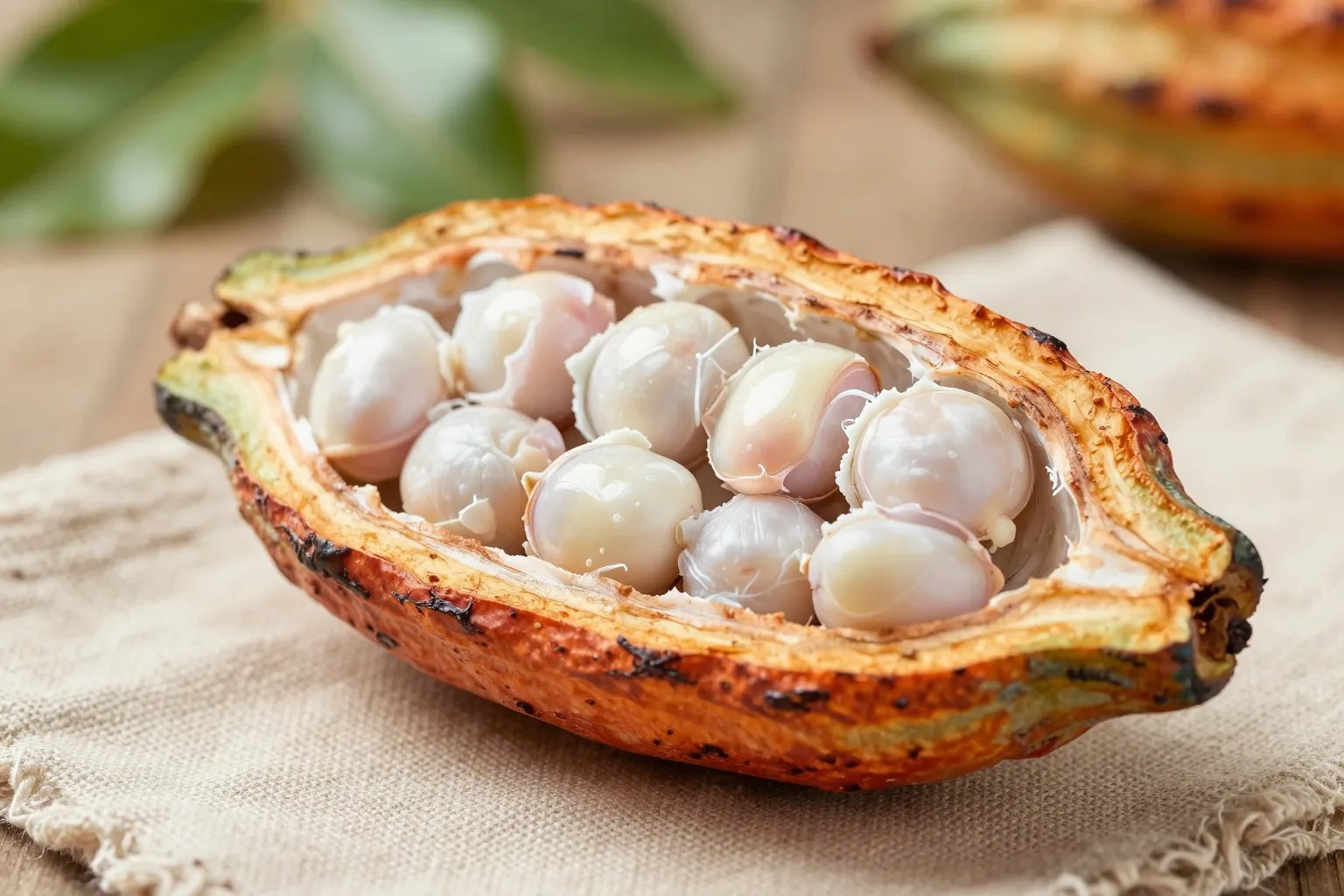 Aufgeschnittene Criollo-Kakaofrucht mit hellen, elfenbeinfarbenen Bohnen im weißen Fruchtmus