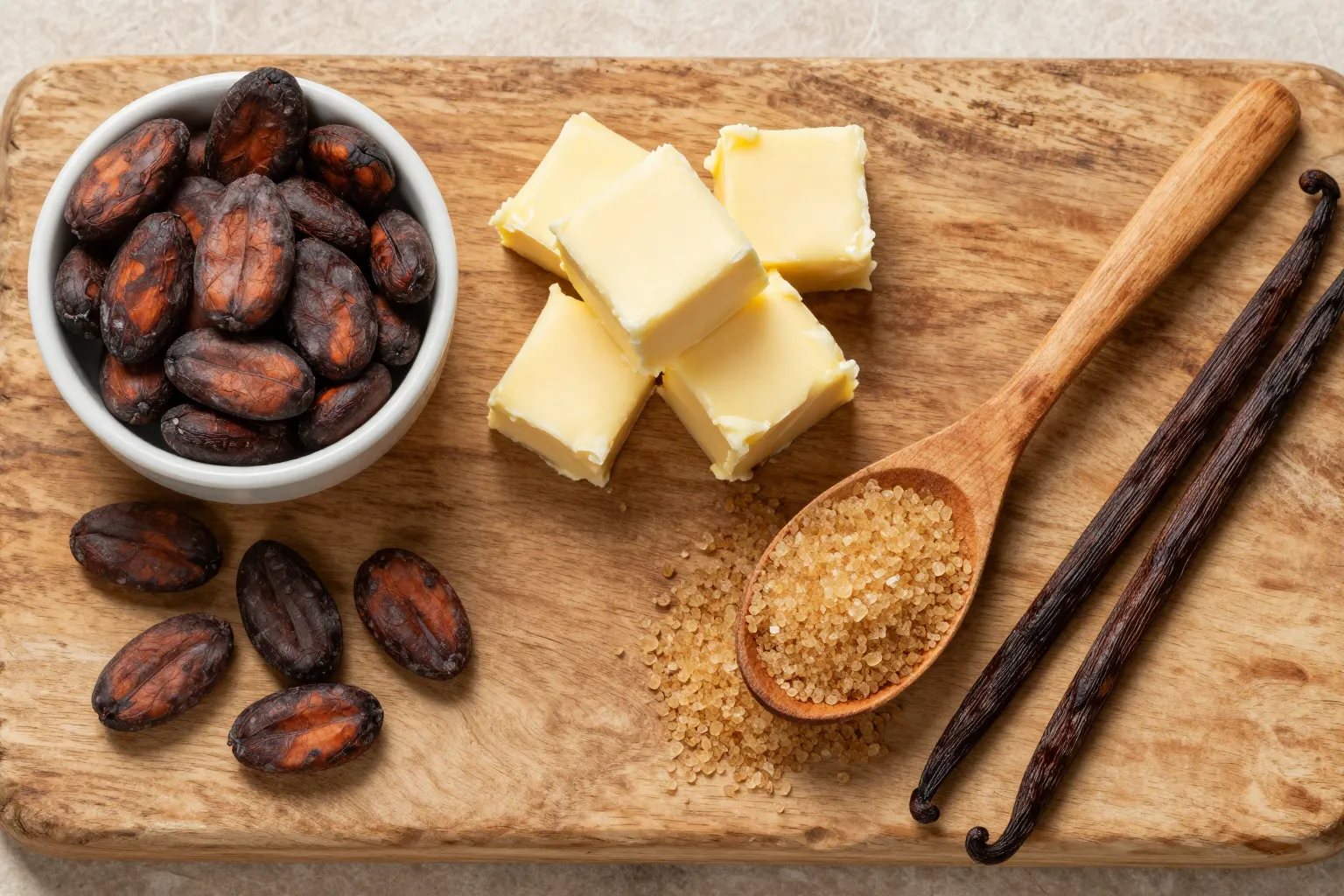 Zutaten guter Schokolade auf einem Holzbrett: Kakaobohnen, Kakaobutter, Rohrzucker und Vanilleschote