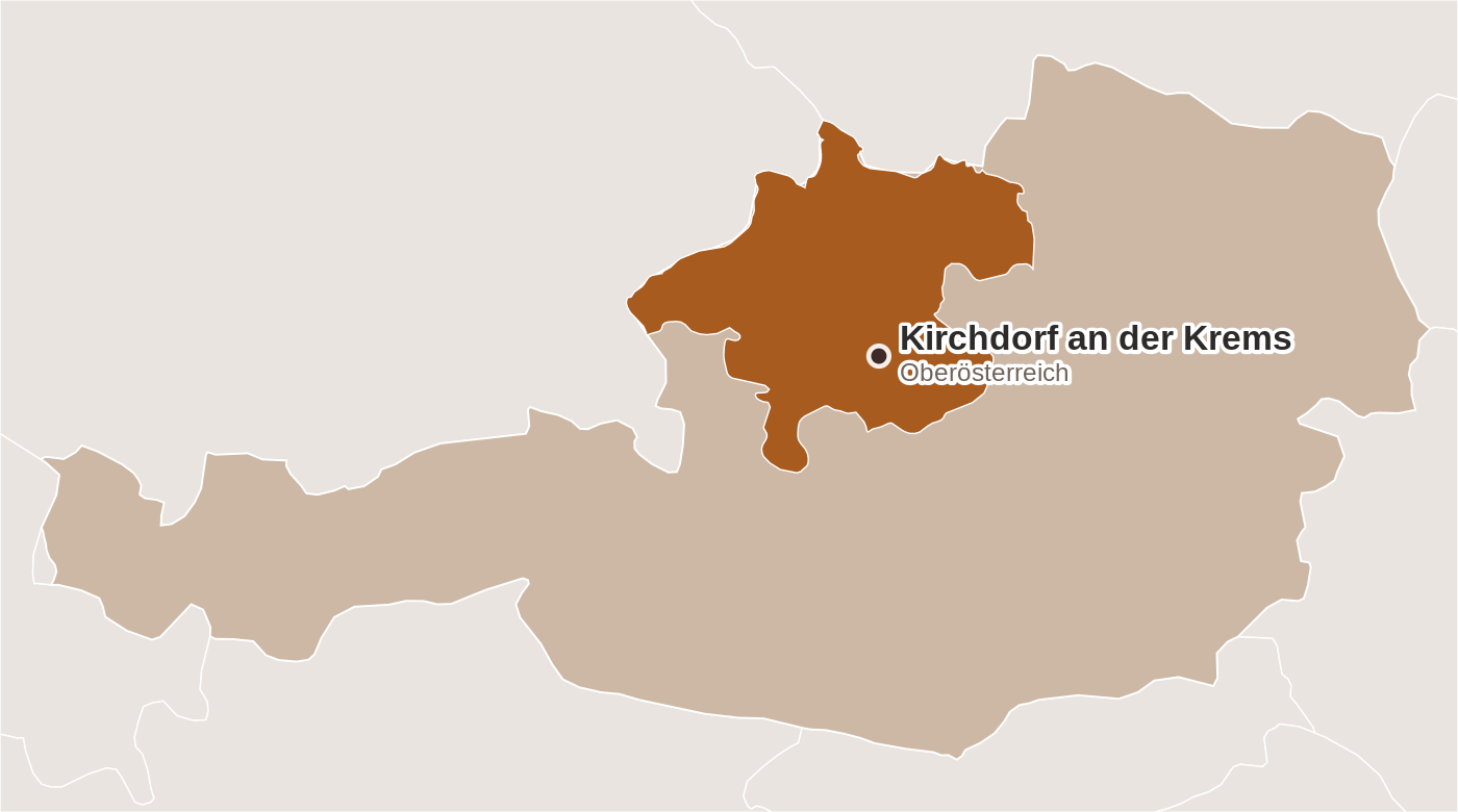 Karte von Österreich mit hervorgehobenem Bundesland Oberösterreich und dem Standort von Bachhalm in Kirchdorf an der Krems