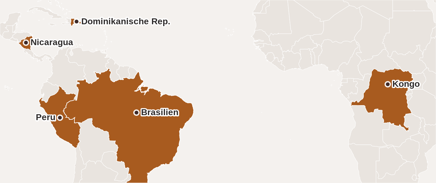 Weltkarte mit den fünf Herkunftsländern des Blanxart-Kakaos: Dominikanische Republik, Nicaragua, Peru, Brasilien und Kongo