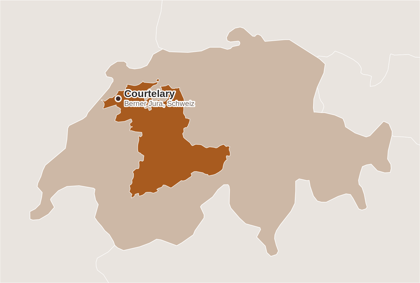 Karte der Schweiz mit hervorgehobenem Kanton Bern und dem Standort von Chocolats Camille Bloch in Courtelary im Berner Jura