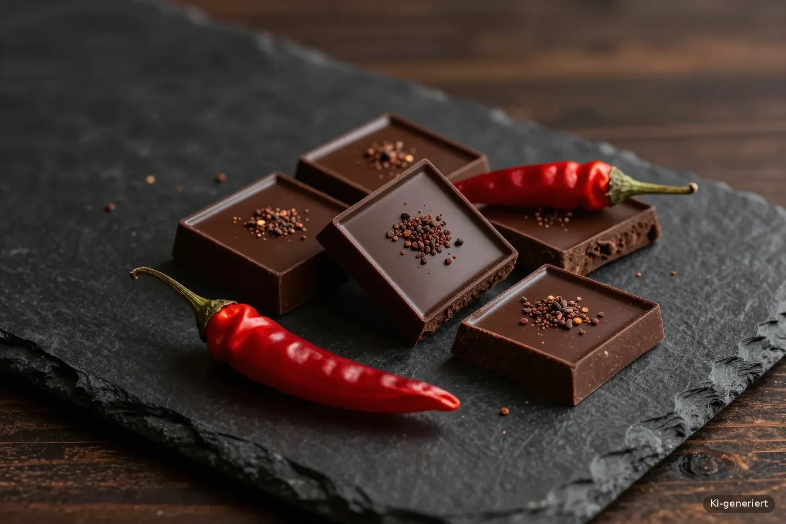 Dunkle Schokolade mit Chili und Kakaonibs auf dunklem Stein