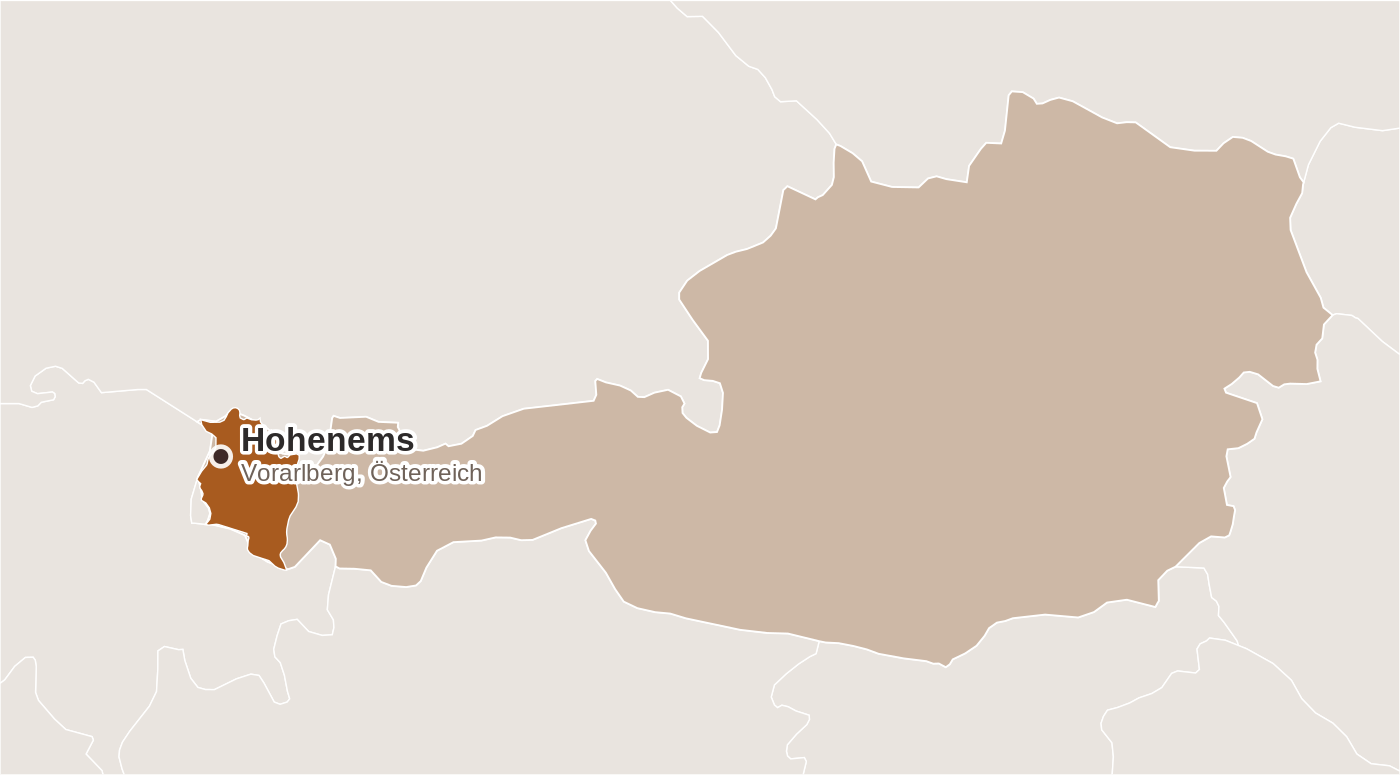 Karte von Österreich mit hervorgehobenem Bundesland Vorarlberg und dem Standort Hohenems