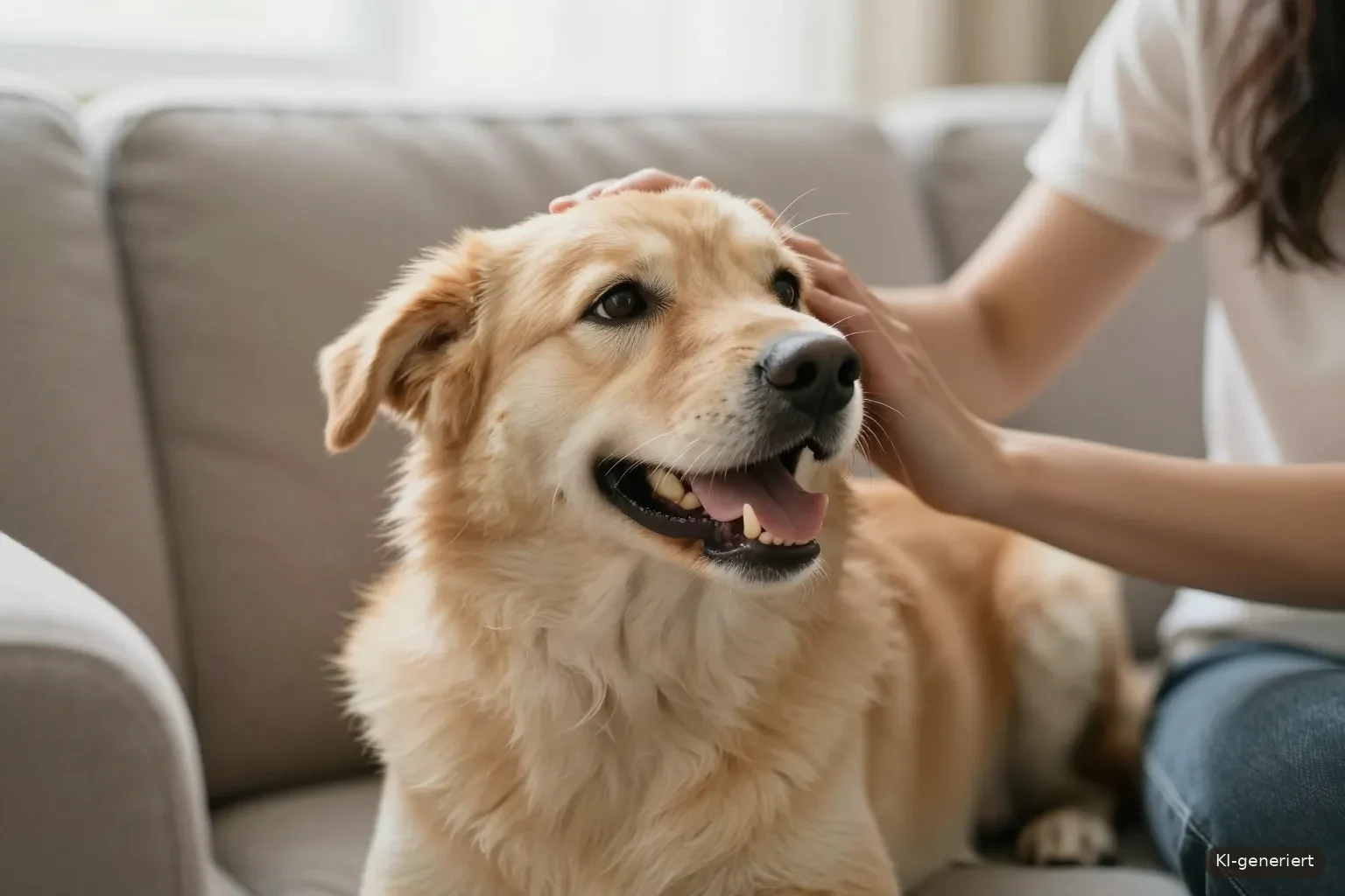 Person streichelt einen gesunden Hund zu Hause auf dem Sofa