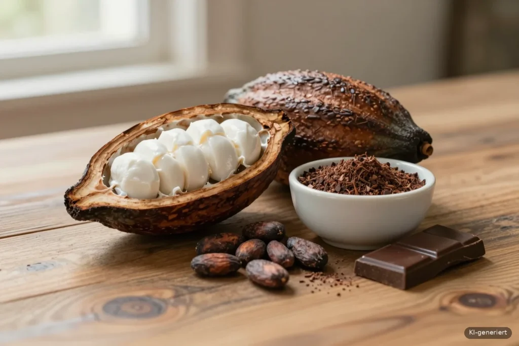 Aufgeschnittene Kakaofrucht mit Kakaobohnen, Kakaonibs und dunkler Schokolade auf einem Holztisch