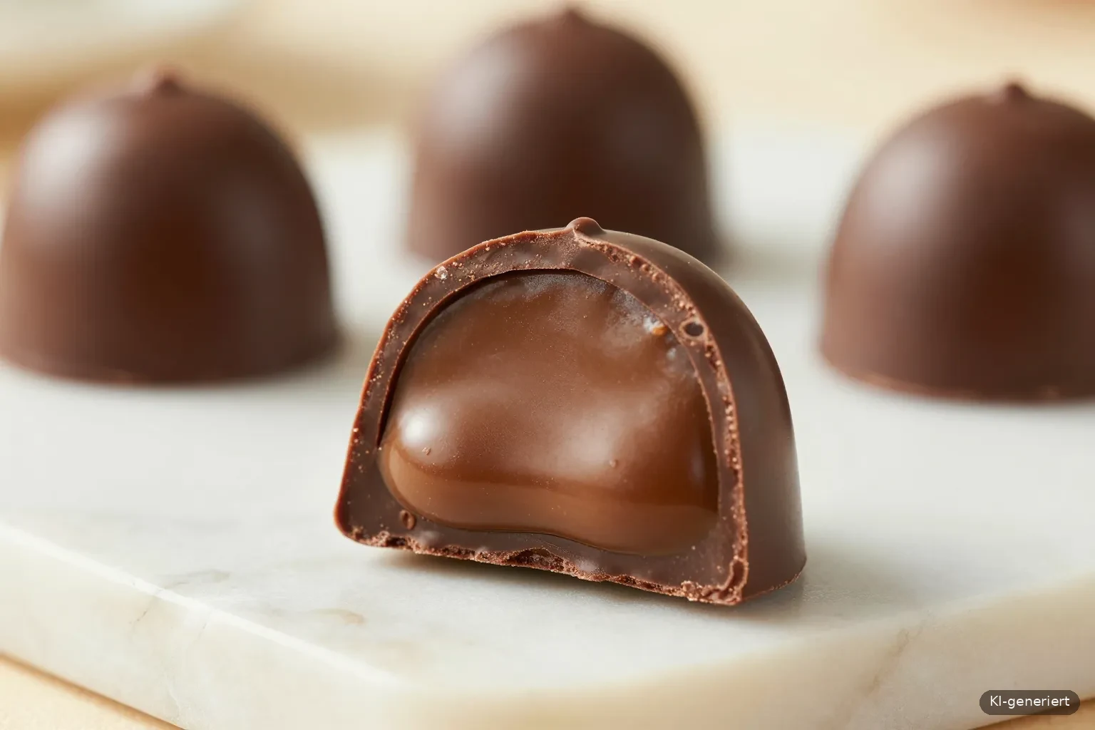 Aufgeschnittene Praline mit cremiger Ganachefüllung in dünner Schokoladehülle