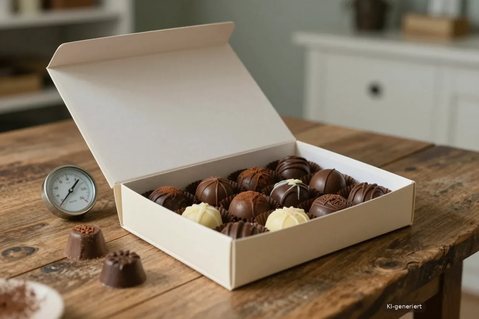 Geöffnete Schachtel mit handgemachten Pralinen auf einem Holztisch, daneben ein kleines Thermometer (KI-generiert)