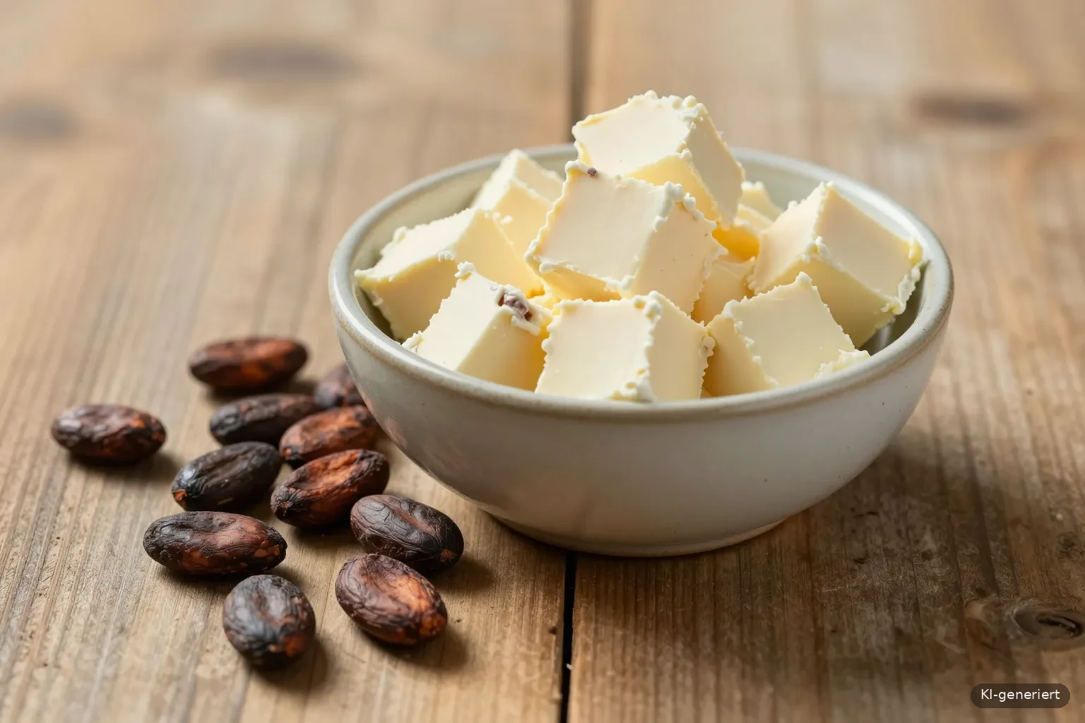 Helle Kakaobutterstücke in einer Schale neben rohen Kakaobohnen auf einem Holztisch