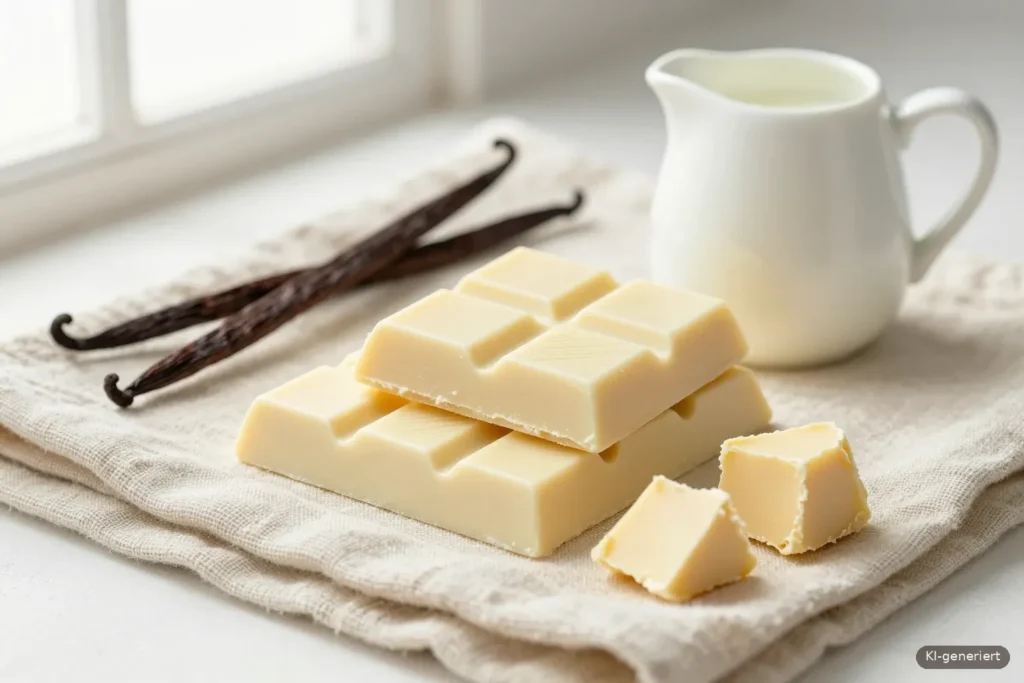 Stücke einer weißen Schokoladetafel neben Vanilleschoten und einem Kännchen Milch auf hellem Leinen (KI-generiert)