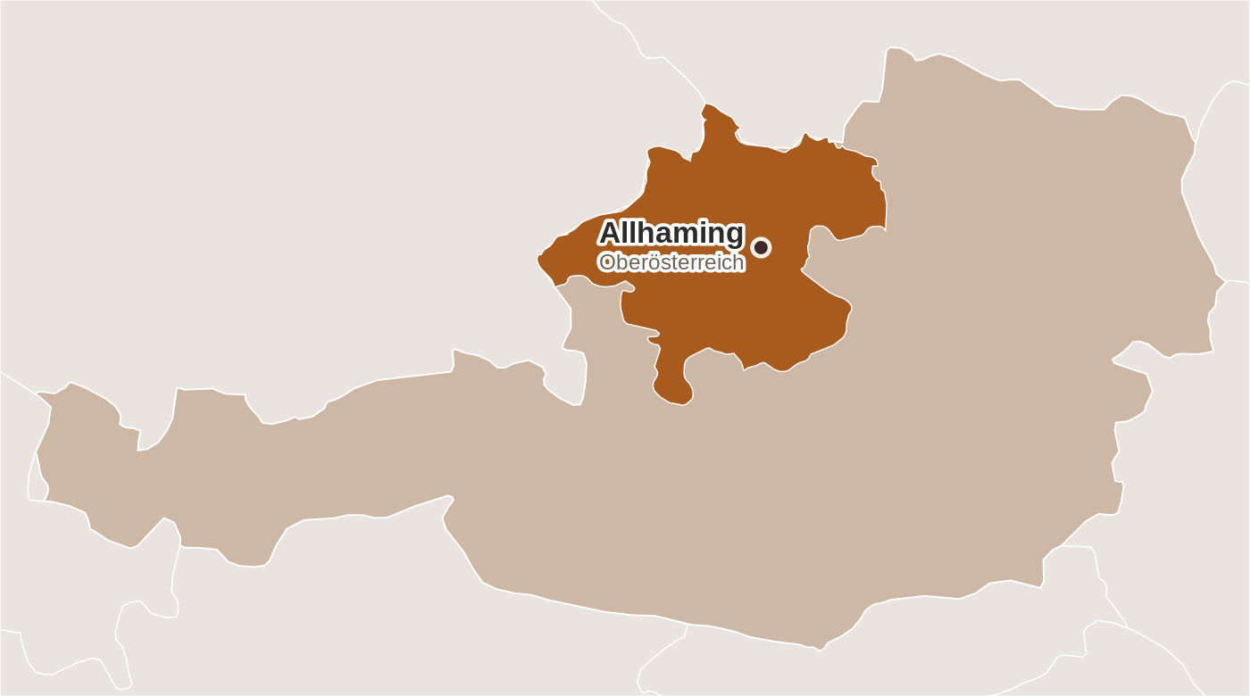 Karte von Österreich mit hervorgehobenem Bundesland Oberösterreich und dem Standort der Confiserie Wenschitz in Allhaming
